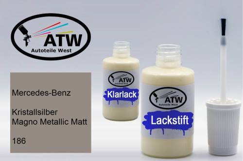 Mercedes-Benz, Kristallsilber Magno Metallic Matt, 186: 20ml Lackstift + 20ml Klarlack - Set, von ATW Autoteile West.